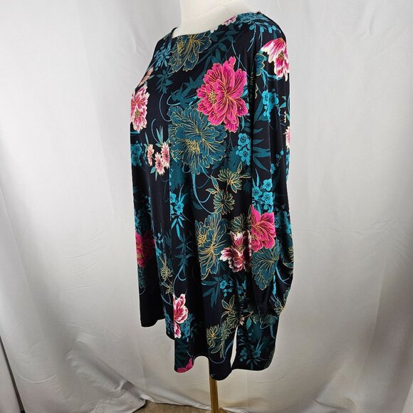 Susan Graver Tunic Top 1X Floral Long Sleeve Black Multicolor Stretchy - Picture 3 of 8